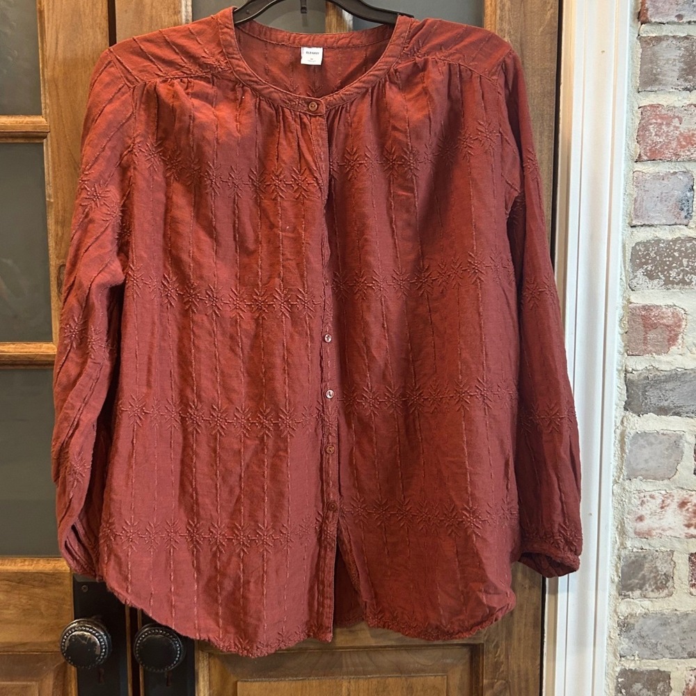 Old Navy Poet Blouse Women Medium Copper‎ Embroidered Button Front Long Sleeve